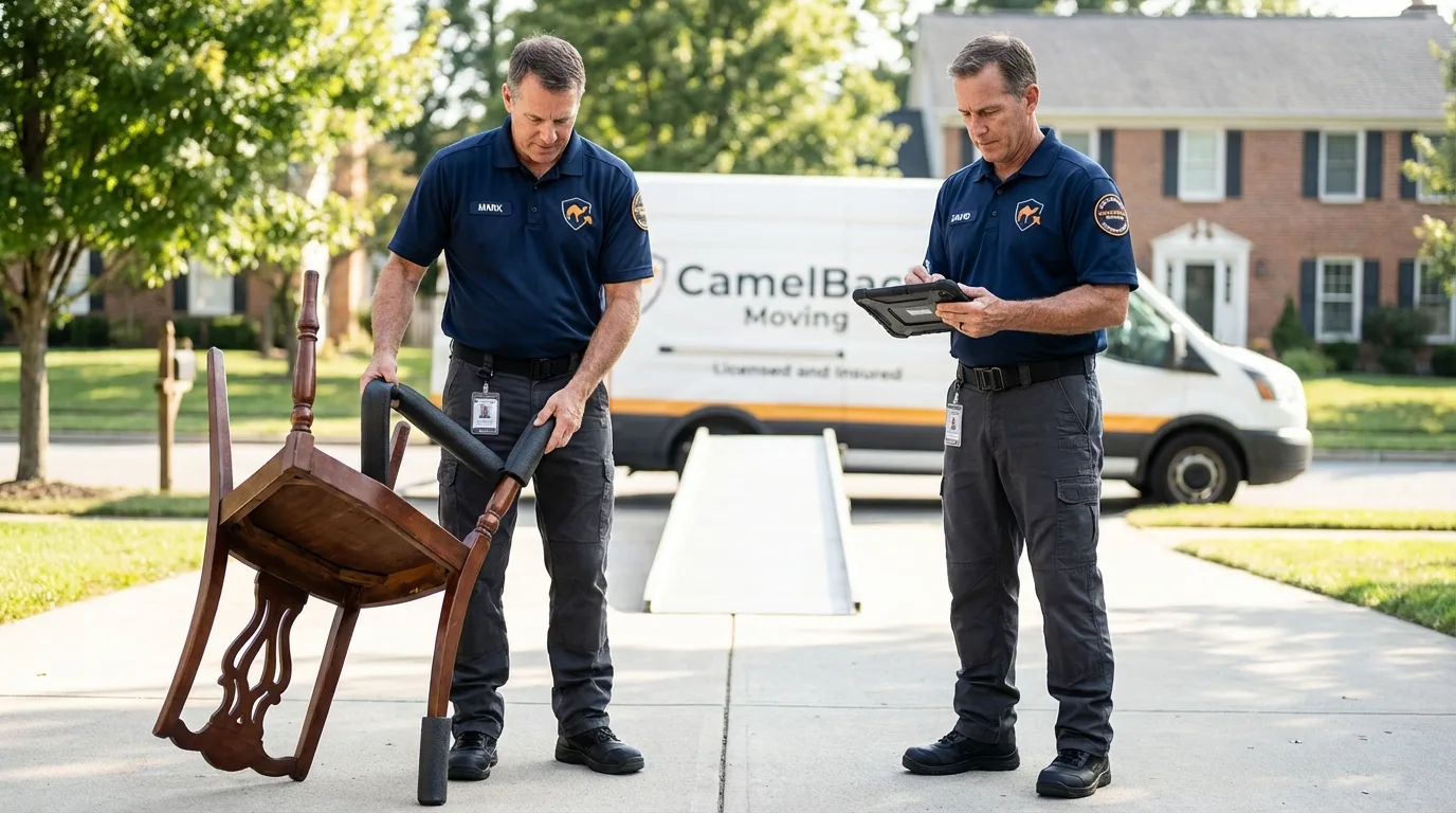 Movers inspecting furniture for damage prevention before loading in Krotz Springs, LA