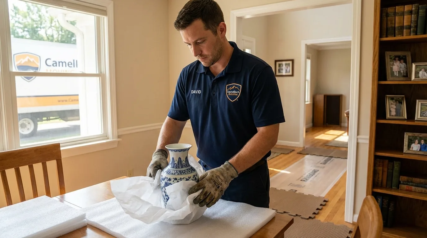 Professional crew carefully wrapping antique vase for senior downsizing move in Krotz Springs, LA